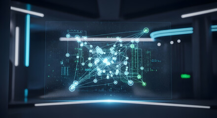Network Graph Mockup: Floating holographic display in a futuristic environment, showing a network graph with nodes interconnected by lines, without labels. HD, high quality, photorealistic.