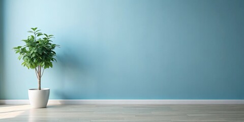 Fototapeta premium Serene Minimalist Interior A Single Plant in a White Pot Against a Light Blue Wall