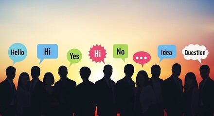 Silhouetted People at Sunset with Colorful Speech Bubbles Displaying Variety of Concepts