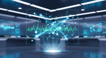 Network Graph Mockup: Floating holographic display in a futuristic environment, showing a network graph with nodes interconnected by lines, without labels. HD, high quality, photorealistic.