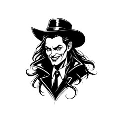 Sinister elegance: captivating portrait of a male figure with a wide-brimmed hat and menacing smile