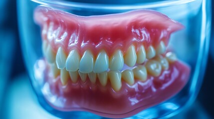 Obraz premium Closeup of dentures in cleaning container