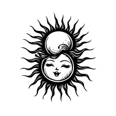 Stylized celestial fusion showing sun and moon unity as decorative illustration revealing symbolic