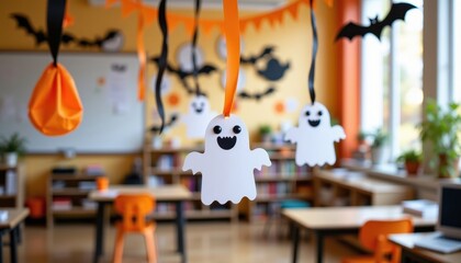 Halloween decorations kids classroom with orange and black streamers, paper ghosts hanging, photo realistic clarity, high resolution, clean cozy school composition.