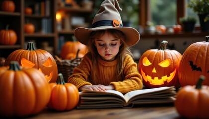 Halloween decorations kids classroom teacher reading storybook, pumpkins lit around, children listening, photo realistic clarity, high resolution, clean sharp detail.