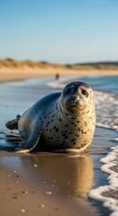Seal resting on beach, gentle waves