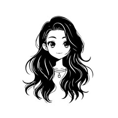 Stylized manga drawing of a girl with flowing black hair offers an enchanting look and captivating