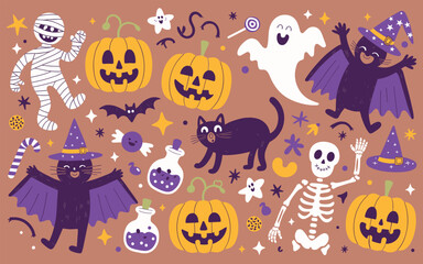 Fototapeta premium Vibrant Halloween scene with carved jackolanterns pumpkins friendly ghosts dancing skeletons playful witches bats mummies black cats potion bottles and candy in a whimsical spooky tableau
