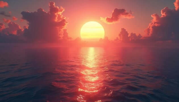 Golden sun descends over calm ocean horizon. Fiery pink, orange, purple hues paint sky, clouds. Sun path reflects on gentle water ripples. Peaceful twilight seascape.