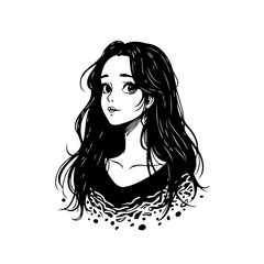 Stylized portrait of a young woman with flowing hair created in black and white illustration a