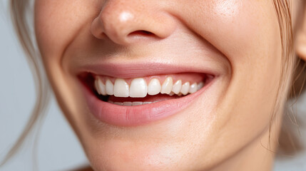 Obraz premium Close up of person smile showing healthy white teeth and smooth skin with natural light highlighting lips and nose, conveying happiness and confidence