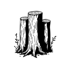 Three wood stumps illustration in monochromatic vector format with undergrowth emphasizing