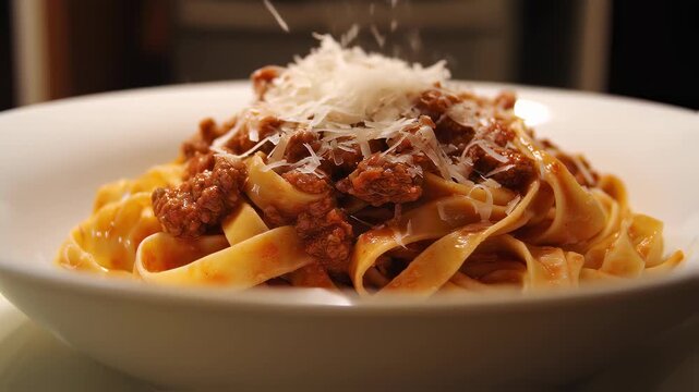 Pasta with meat sauce and grated cheese in a white bowl  