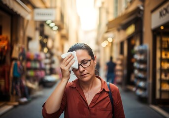 Woman wiping sweat from her forehead on a hot day
