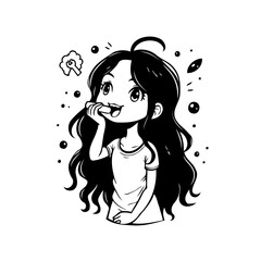 Whimsical black and white illustration featuring a cheerful girl enjoying a snack amidst playful