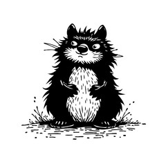 Whimsical black and white furry creature illustration evokes feelings of curiosity and amusement