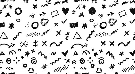 A Whimsical Collection of Hand Drawn Doodle Elements Featuring Arrows Hearts Stars Circles and Geometric Shapes Arranged in a Random Pattern for Creative Design Projects
