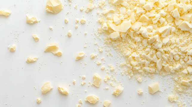 Fine asafoetida chunks in a pale yellow hue spread across a clean, smooth white backdrop.