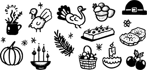 Festive thanksgiving elements with hand drawn decorative turkeys and seasonal decor