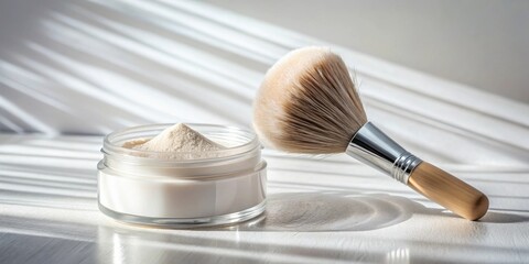Luxurious face powder in a glass jar with a soft, fluffy brush, bathed in sunlight