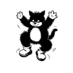 Whimsical feline cartoon jumps gleefully wearing boots with paws outstretched creating a charming