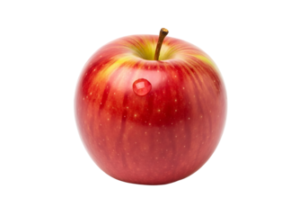 A vibrant red , highlighted by subtle yellow stripes, displays a single droplet of water.