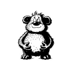 Whimsical fluffy bear cartoon illustration expressing happiness and joy in a monochromatic