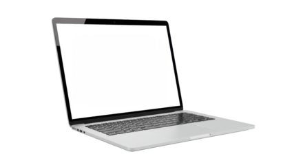 Pristine silver laptop, open with blank white screen, on expansive white background, high-key studio shot. Concept of digital canvas, potential, and adaptability