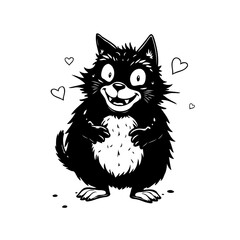 Whimsical feline friend radiating affection and love through floating hearts in black and white
