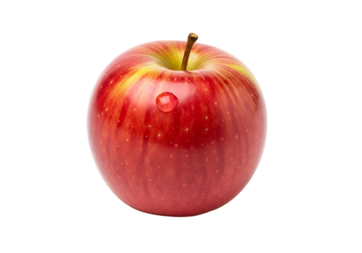 A vibrant red , highlighted by subtle yellow stripes, displays a single droplet of water.