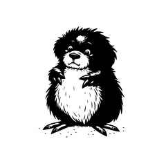 Whimsical furry creature with curious gaze presented in striking black and white illustration