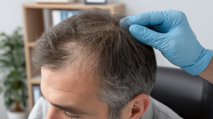 Fototapeta premium Close up of male scalp with thinning hair and gloved hand examining hair loss in medical office setting