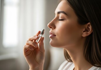 Obraz premium Woman smelling a perfume bottle