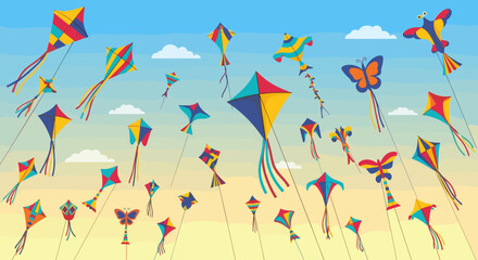 A vast collection of colorful kites flying in a bright sky