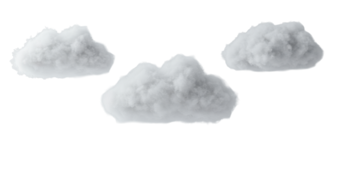 Three fluffy white artificial clouds with soft cotton wool texture floating on an immaculate infinite white studio background with ample copy space, concept of digital transformation