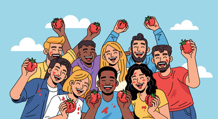 Diverse Group of People Celebrating with Fresh Tomatoes