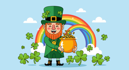 Lucky Leprechaun Holding Pot of Gold Under Rainbow