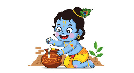 Cute Baby Krishna Stealing Butter From Pot