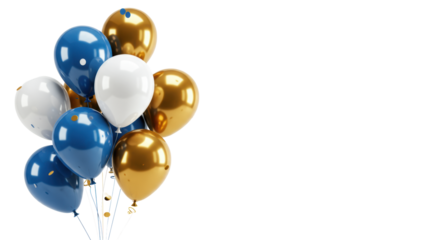 Glossy blue, white, gold metallic and matte balloons, varying sizes, with matching falling confetti on a transparent studio background. Concept of business success and forward momentum
