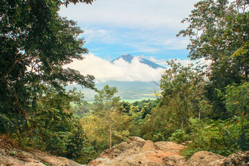 Framed View of Tropical Mountain Covered by Clouds Seen from Forest Trail with Rocky Foreground