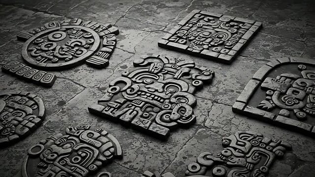 Mysterious Aztec Engravings Seamless Looping Background, Ancient Civilization Motifs