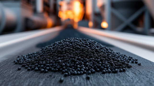 Carbon black pellets on an industrial conveyor representing material compounding for plastics and the precision that ensures consistent color and performance
