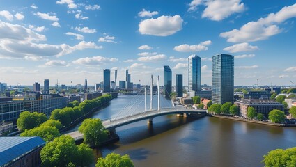 Obraz premium Cityscape with modern bridge over river and skyscrapers