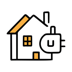 A simple illustration of a house with a power plug, symbolizing energy efficiency and sustainable living. The design features a minimalist style with bold lines.