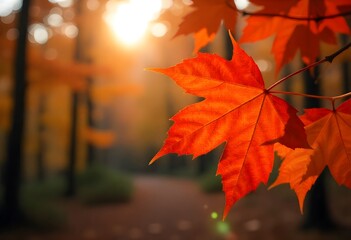 Autumn forest with glowing maple leaf high resolution photo