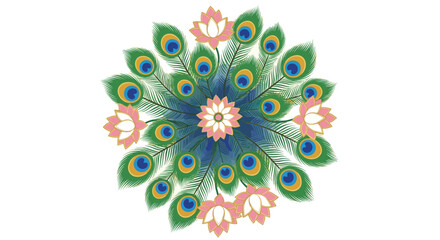 Peacock Feather Mandala Floral Design with Lotus Flowers