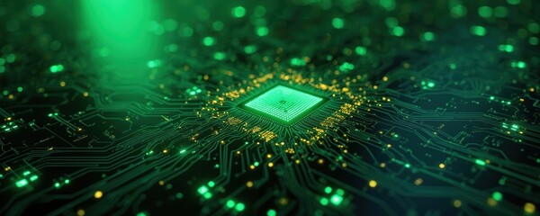 Abstract background of a microchip circuit board with green glow. Features intricate connections, glowing lights, and a central processing unit. Represents technology, data, and digital innovation.