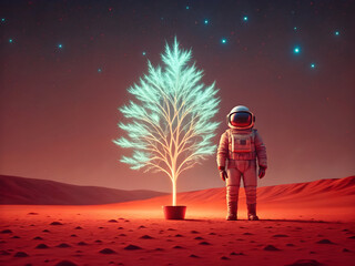 Astronaut standing before glowing tree in desert landscape, dramatic starry sky, vibrant cinematic colors, photorealistic detailed digital art, jpg file