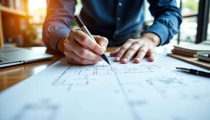 Construction blueprint desk tools with engineer hands reviewing plans, marker highlighting lines, photo realistic clarity, high resolution, clear sharp cozy composition.