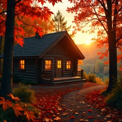Autumn leaves surrounding peaceful cabin high resolution photo